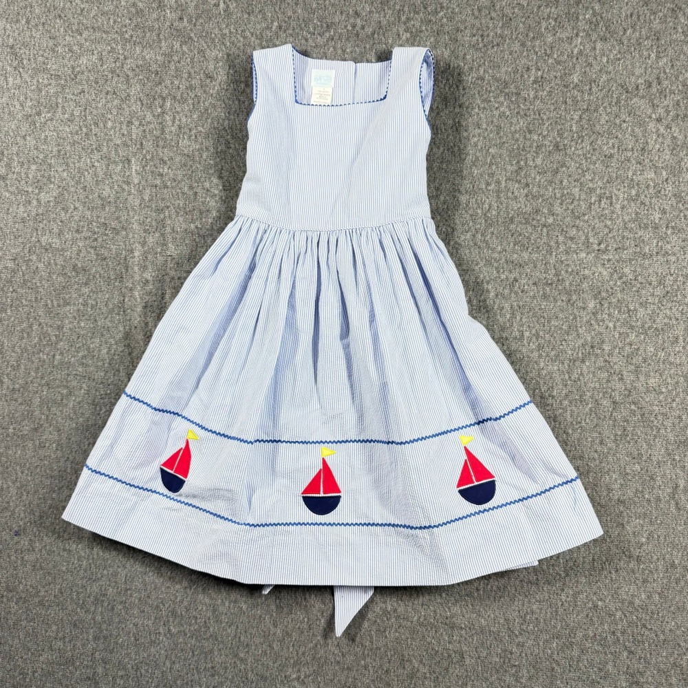 Dot Trail by Johnston Girls Blue White Seersucker Sailboat Dress Size 4 Nautical